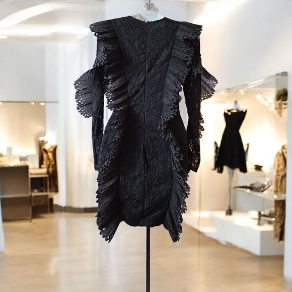 AKIRA Black Lace Long Sleeve Dress with Fringe - Picture 5 of 9